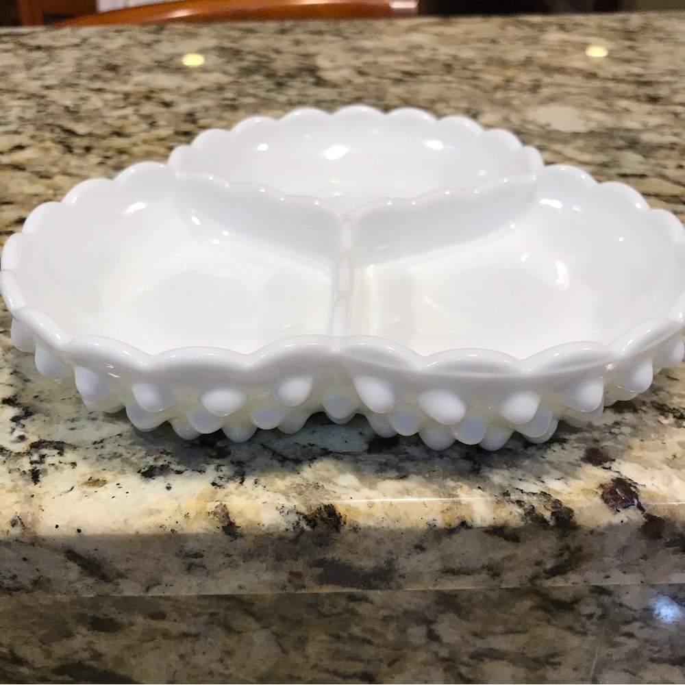 Vintage Fenton Hobnail Milk Glass Three Section Relish/ Nut Dish